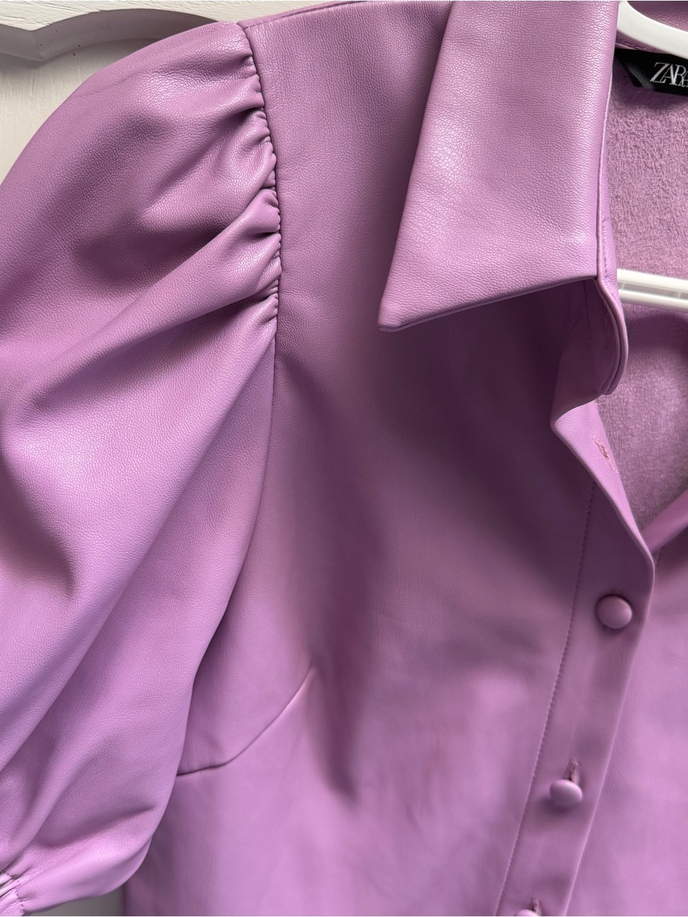 Zara Faux Leather Lilac Puff Sleeve Mini Dress size S - Picture 4 of 7